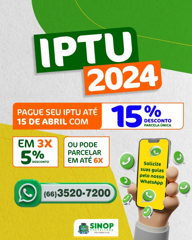 Vence hoje dia 15 o boleto do IPTU 2024 com desconto de até 15%