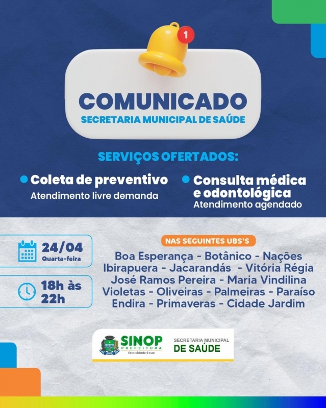 Hoje (24) tem horário estendido de atendimento nas UBSs: confira os locais