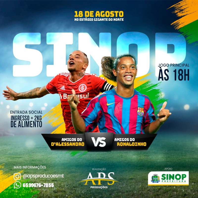 Jogo beneficente reunirá DAlessandro e Ronaldinho Gaúcho no dia 18 de agosto no Estádio Gigante do Norte