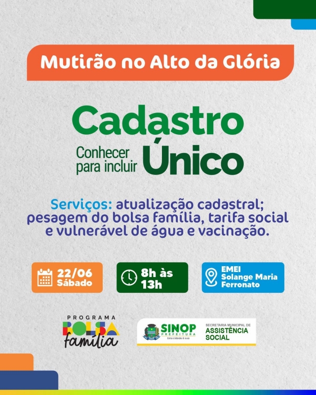 Cadastro Único fará mutirão de atendimentos no Alto da Glória hoje (22) 