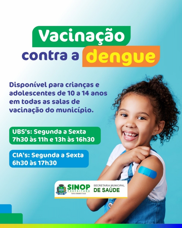 Vacina contra a dengue para crianças e adolescente de 10 a 14 anos está disponível em Sinop