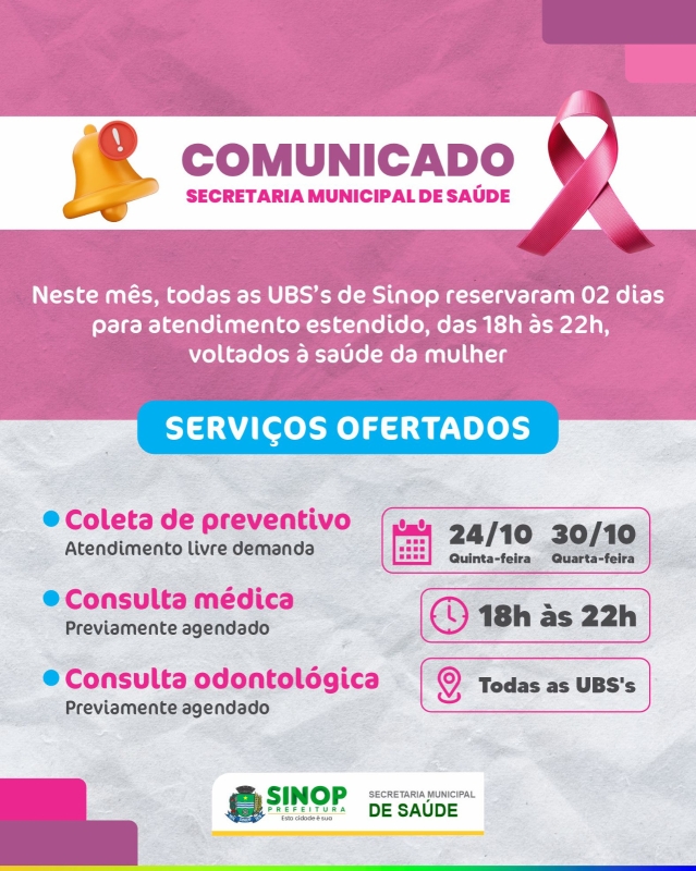 Outubro Rosa: prefeitura terá programação especial para atender saúde da mulher