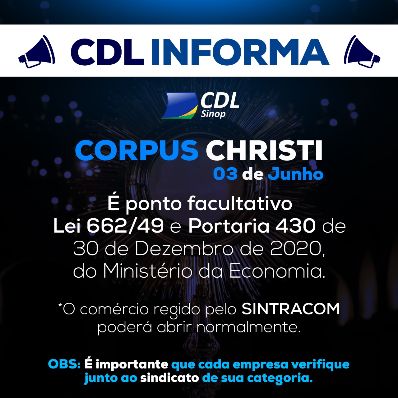 Dia de Corpus Christi será ponto facultativo em Sinop, comércio poderá abrir