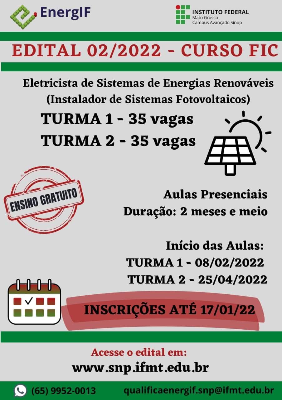 Campus de Sinop IFMT abri vagas para Curso de Eletricista de sistemas de energias renováveis e instalador de sistemas fotovoltaicos