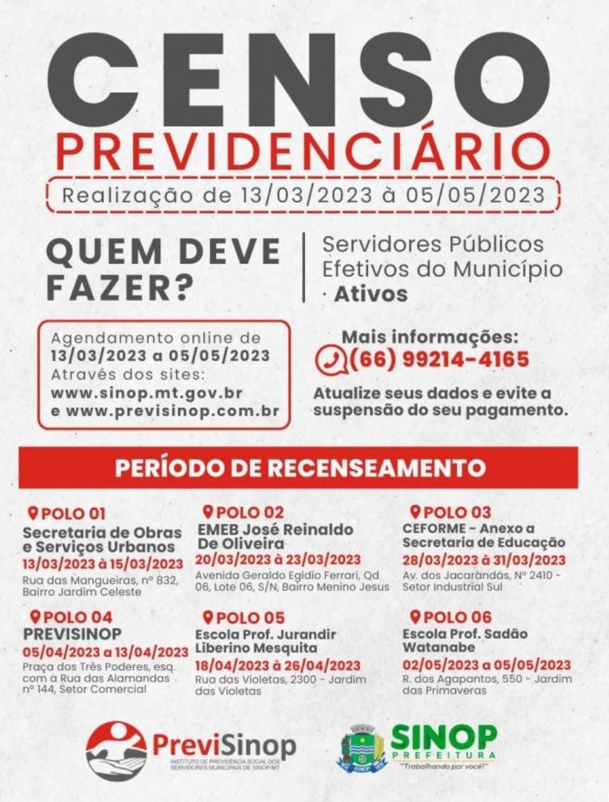 PreviSinop realiza Censo Previdenciário de servidores ativos efetivos; confira locais e horários