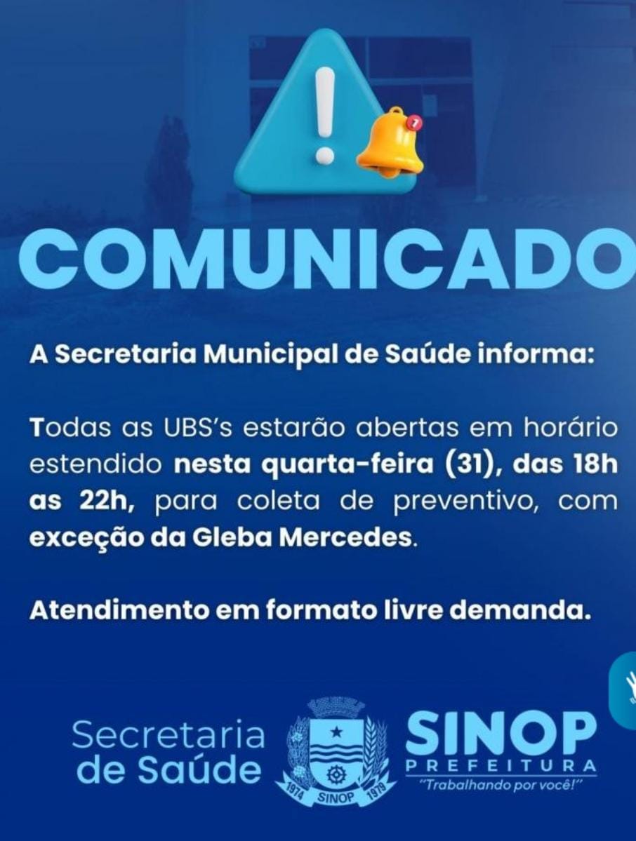 Nesta quarta-feira (31) UBSs atenderão em horário estendido para coletas de preventivos