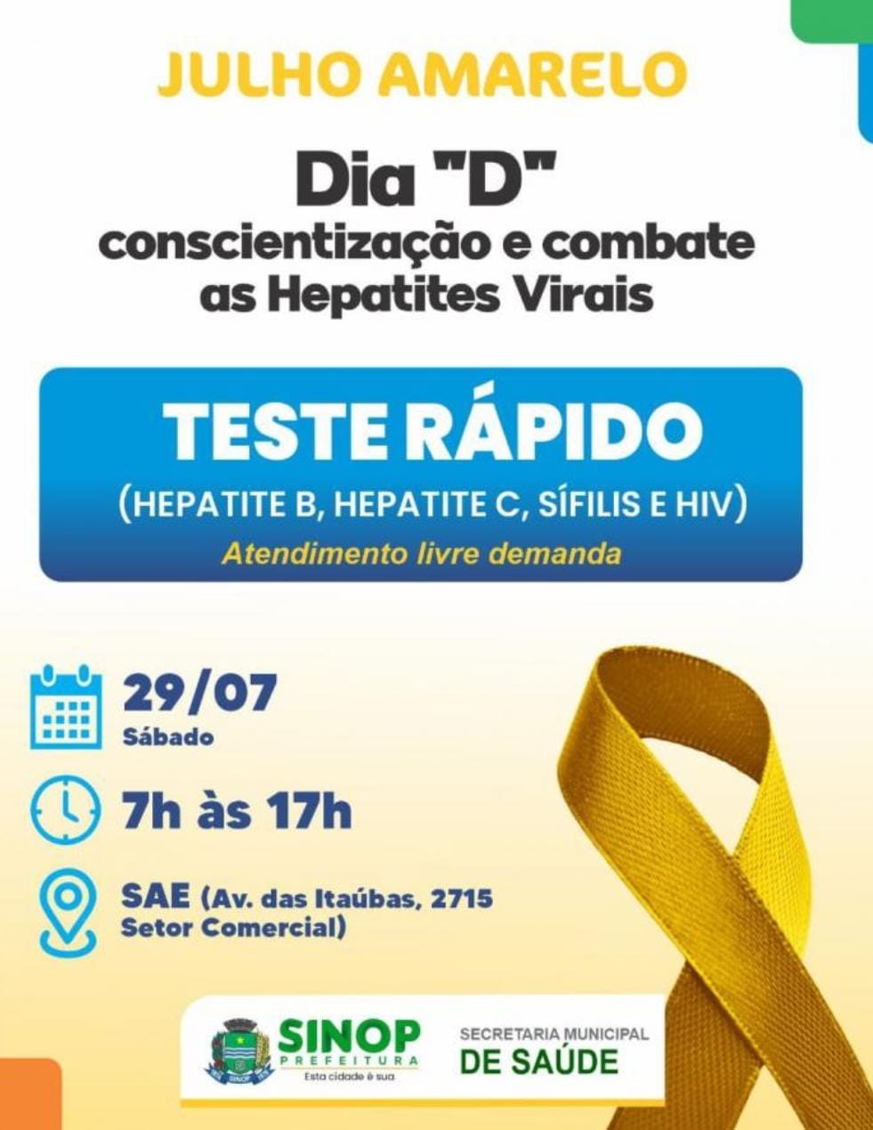 Julho Amarelo: Neste sábado tem dia D de combate e conscientização das Hepatites Virais