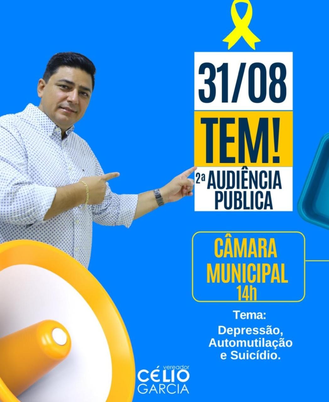 Vereador Célio Garcia promoverá audiência pública para discutir depressão, automutilação e suicídio