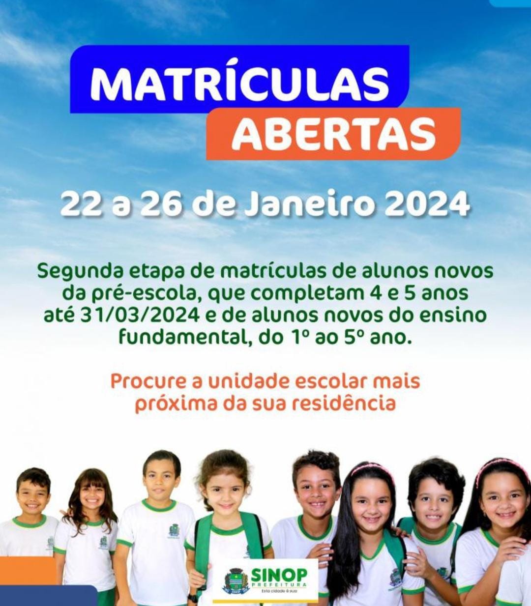 Matrículas para alunos da pré-escola e fundamental na rede municipal iniciam nesta segunda-feira (22)